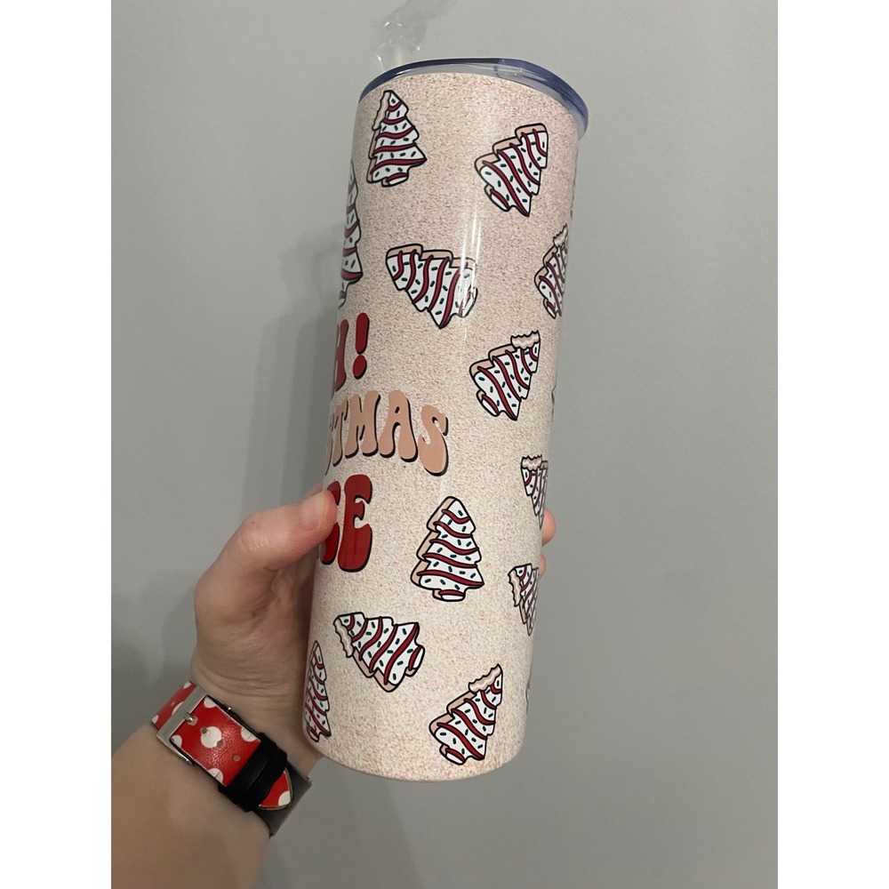 Christmas Snack Cake Tree Tumbler Unisex 20oz Cream Red Oh Christmas Tree Retro - Picture 2 of 7